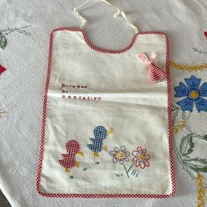 Vintage baby bib, souvenir from Ricordo di Portofino, appliqued chicks, bell